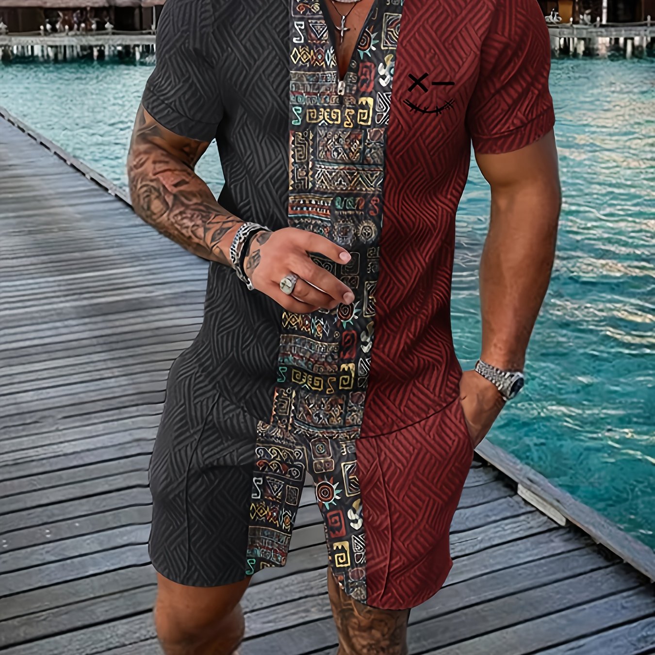Xylaric | Casual tweedelige set voor heren – T-shirt met reverskraag en korte broek met trekkoord
