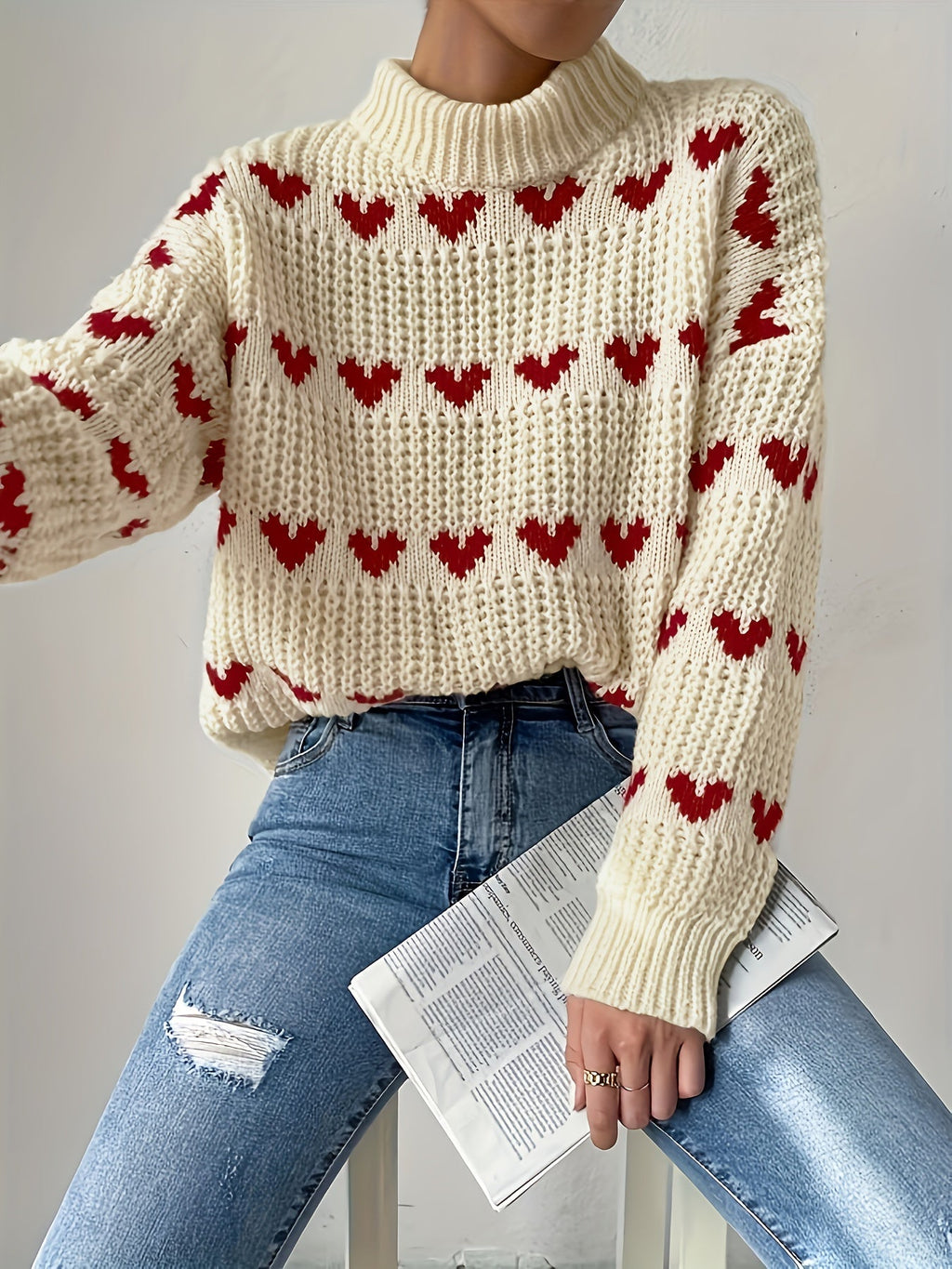 Irindra | Pull en maille à motif cœur - Col montant, manches longues, idéal pour une tenue décontractée automne-hiver 