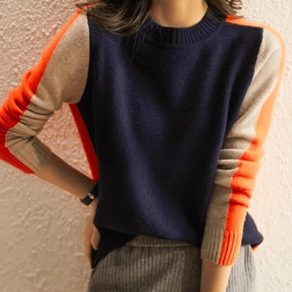 Zelyra | Dames Retro Gestreepte Gebreide Trui – Marineblauw en Oranje, Casual Pullover