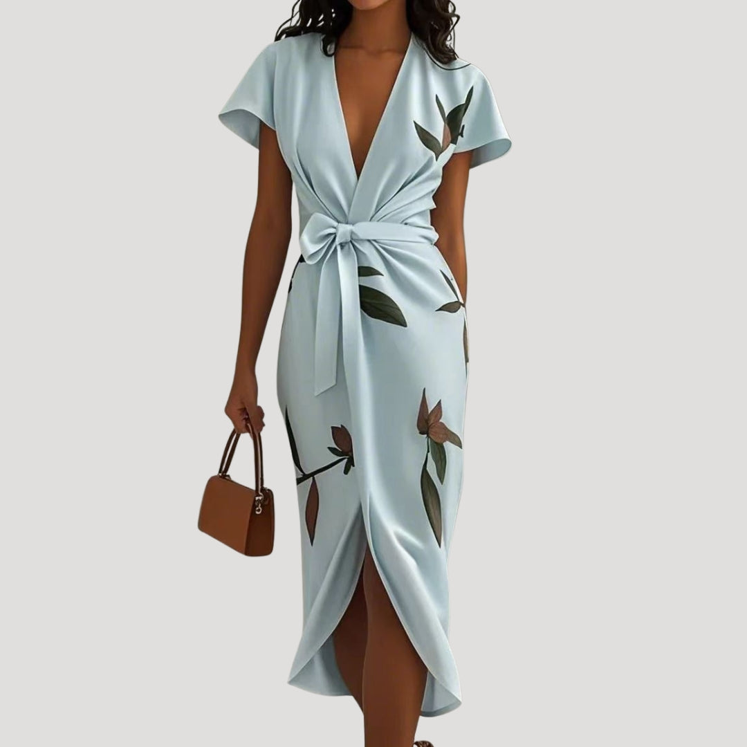 Lysette | Midi-wikkeljurk met bloemenprint voor dames – Zomerjurk met korte mouwen