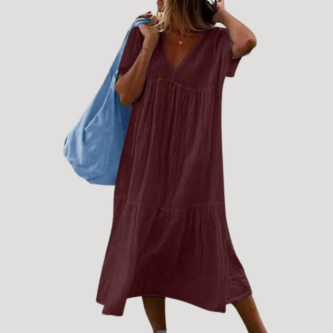 Valeriah | Linnen-Cotton Midi Jurk – V-Hals, Lichte Casual Zomerjurk met Gelaagde Rok