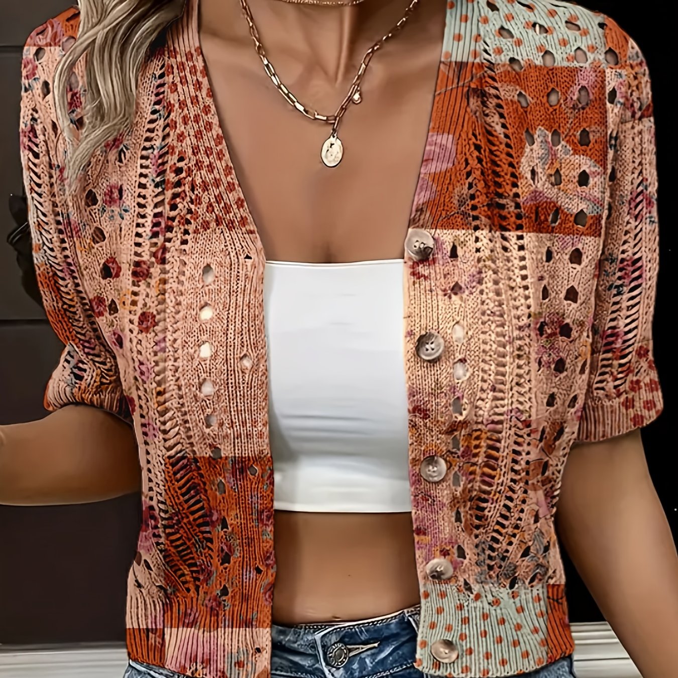 Cyravelle | Bohemian gehaakte korte cardigan – zomerse kortmouwen vest als lichte outerwear