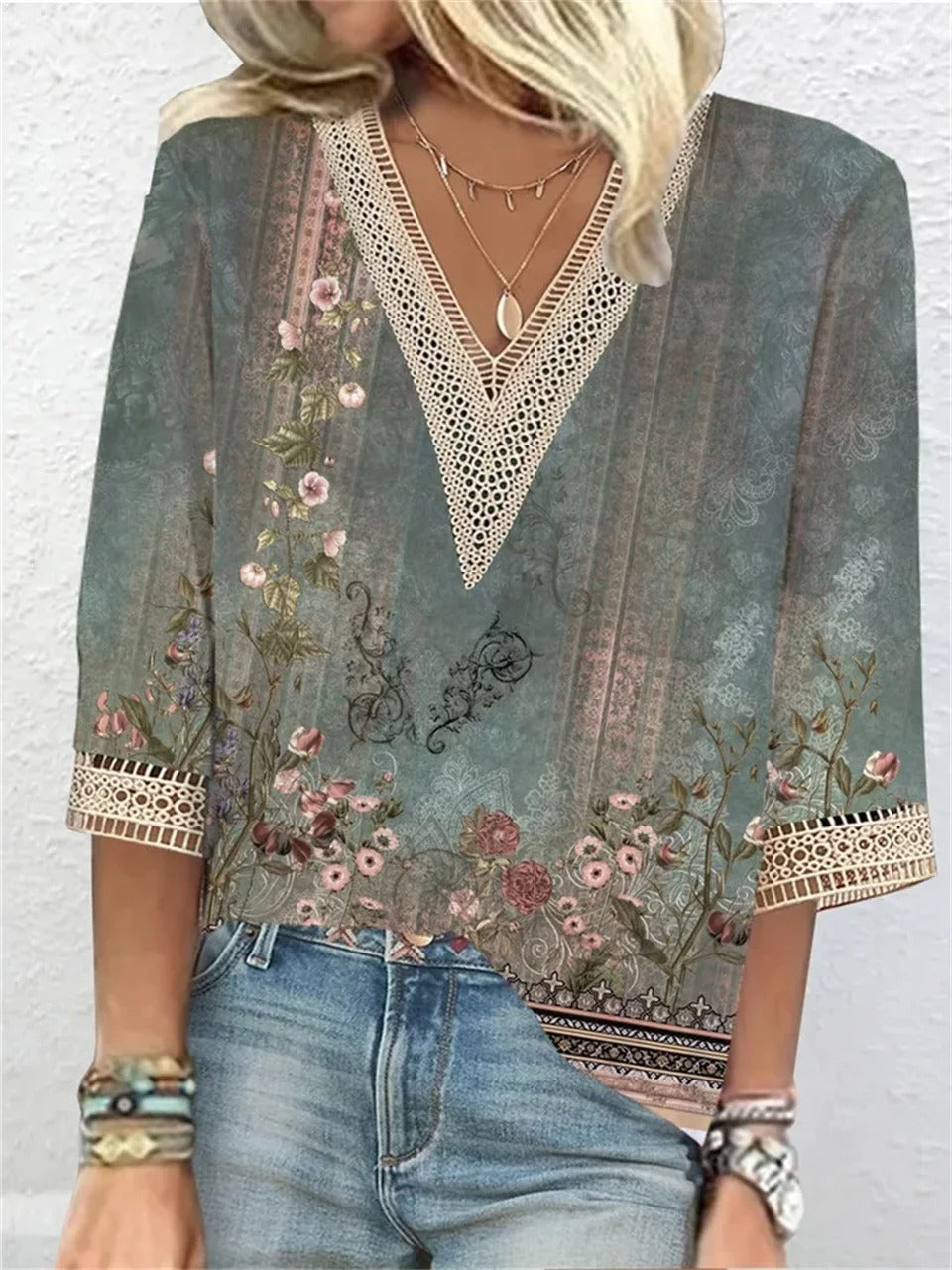 Perrina | Dames V-hals blouse – Ademend, driekwart mouw, lichte casual top