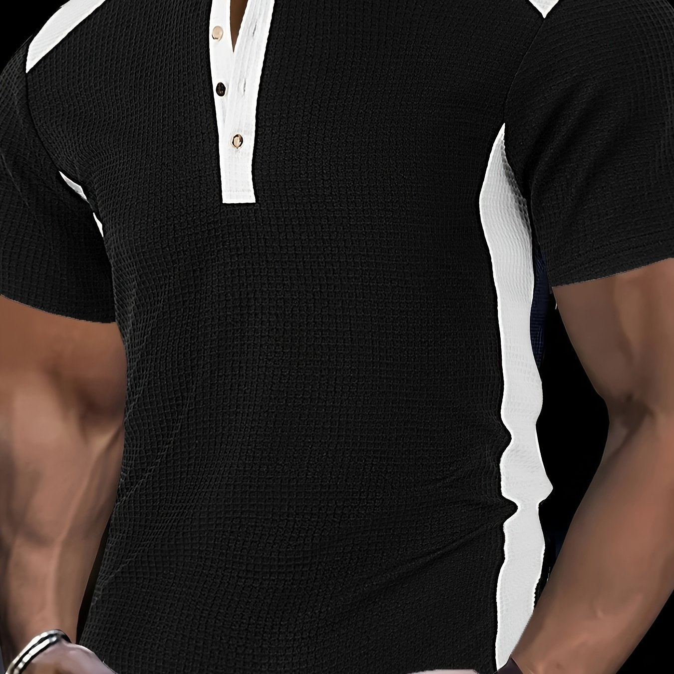 Elrik | Wafelpolo voor heren – Zwart-wit T-shirt met kleurblokken in casual zakelijke stijl