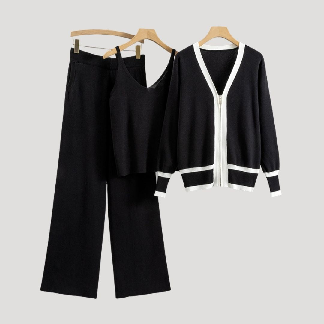 Sylara | Dames Gebreide 3‑Delige Loungewear Set – Mouwloos Topje, Cardigan & Broek