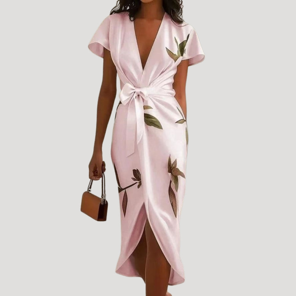 Lysette | Midi-wikkeljurk met bloemenprint voor dames – Zomerjurk met korte mouwen