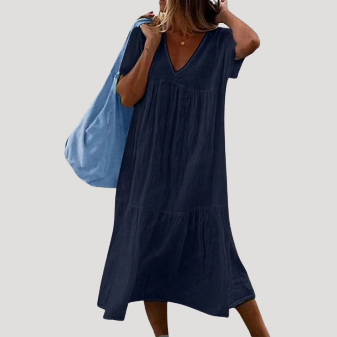 Valeriah | Linnen-Cotton Midi Jurk – V-Hals, Lichte Casual Zomerjurk met Gelaagde Rok
