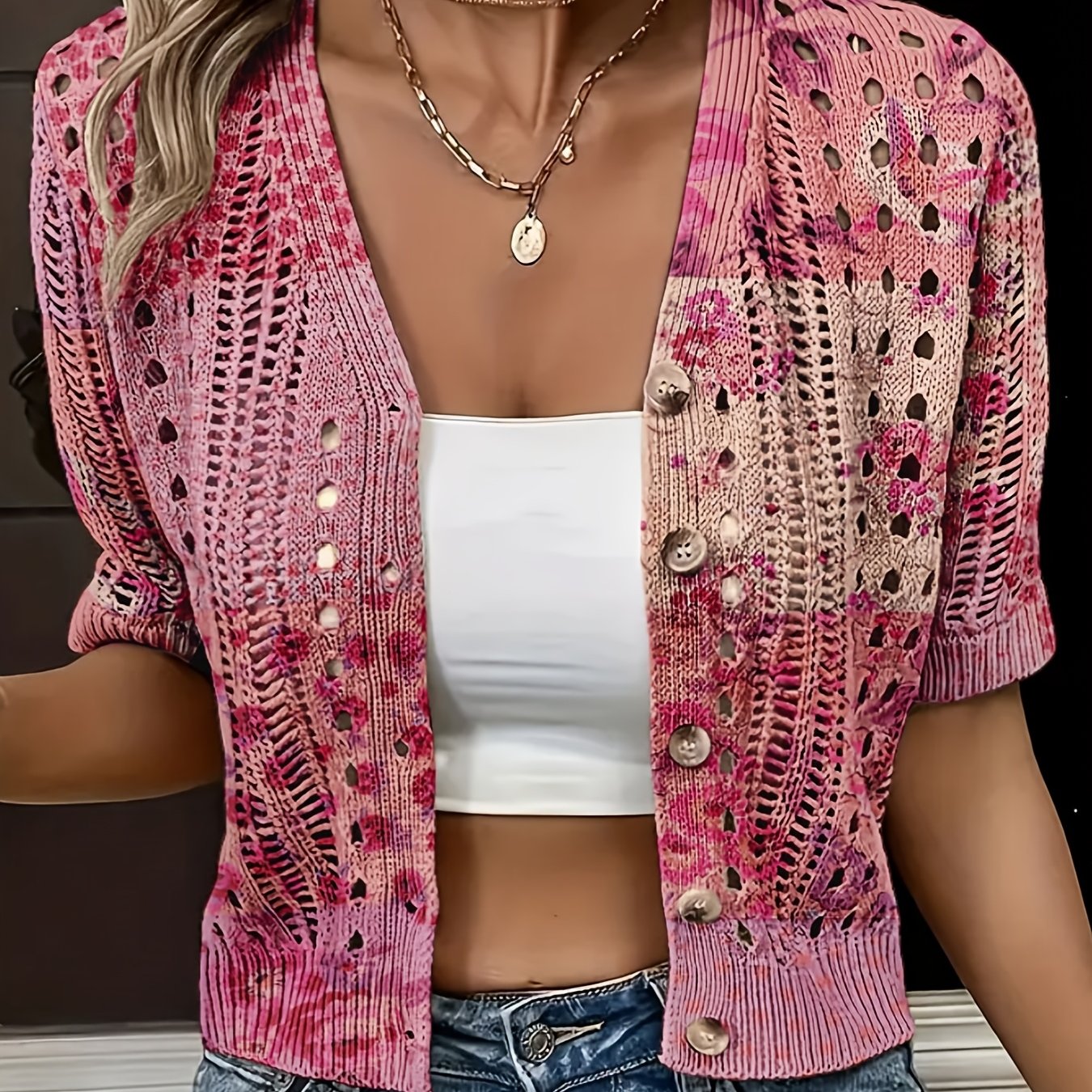 Cyravelle | Bohemian gehaakte korte cardigan – zomerse kortmouwen vest als lichte outerwear