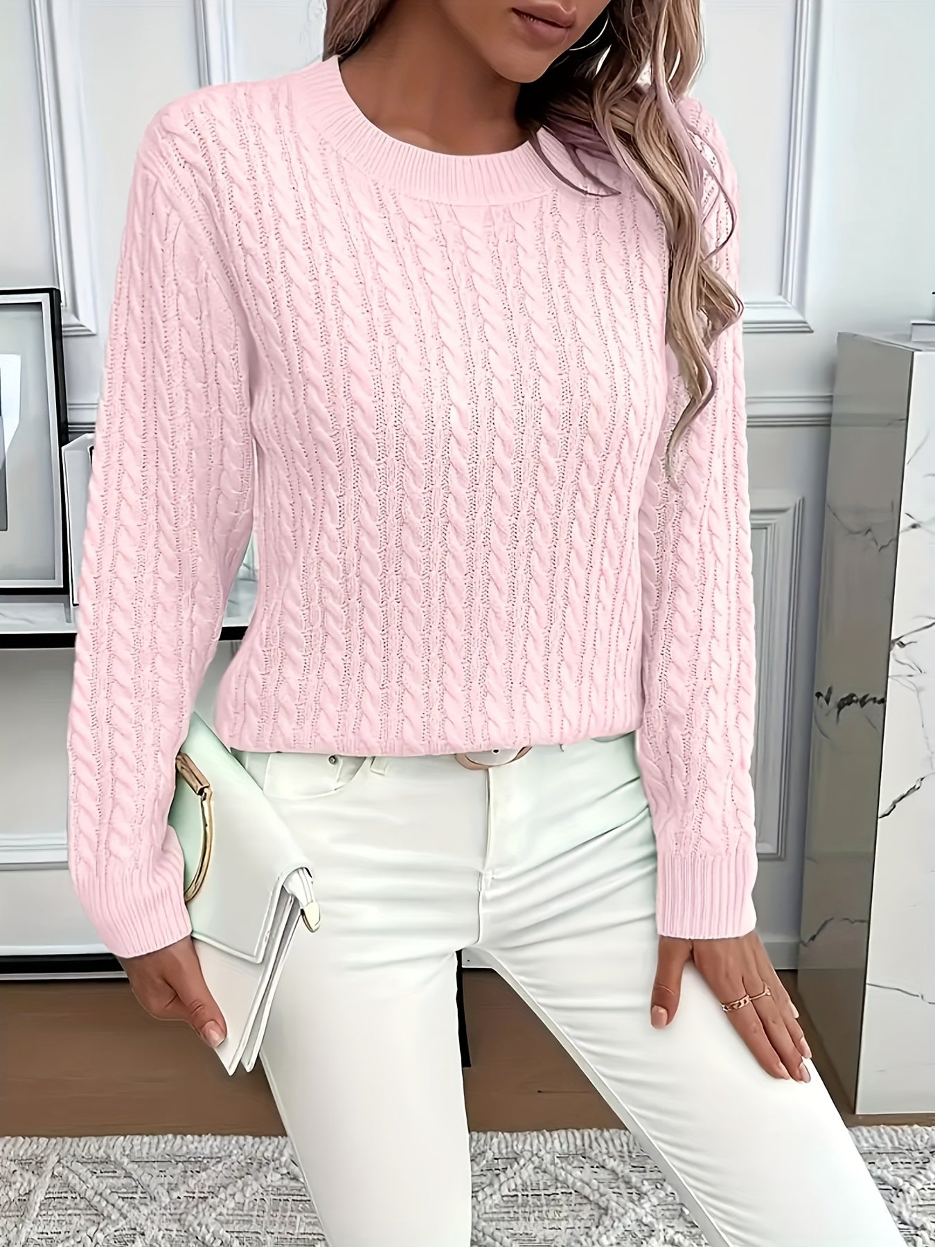 Valeris | Pull en maille torsadée pour femme, col rond – Pull uni élégant, doux et adapté à toutes les saisons