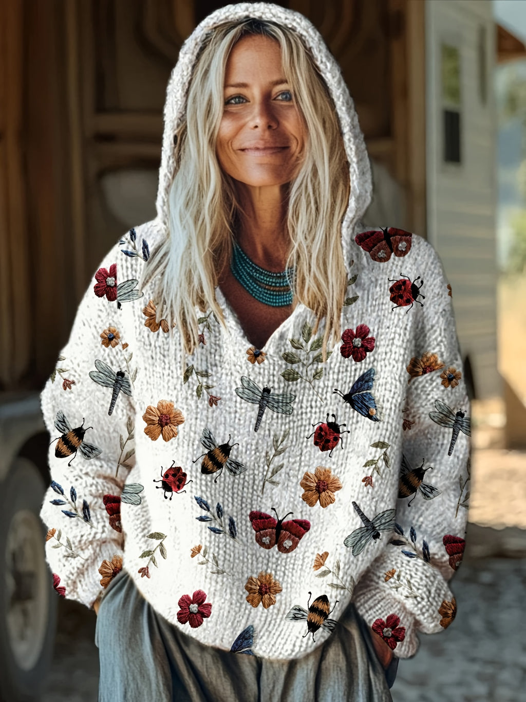 Xyrina | Hoodie met Bloemenprint – Casual Losse Pasvorm, Gebreide Sweater met Capuchon