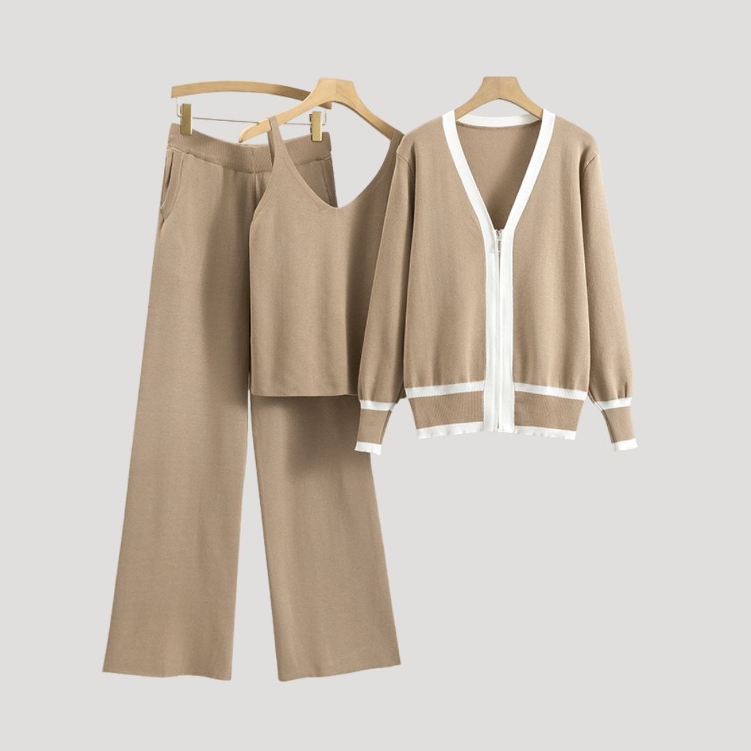 Sylara | Dames Gebreide 3‑Delige Loungewear Set – Mouwloos Topje, Cardigan & Broek