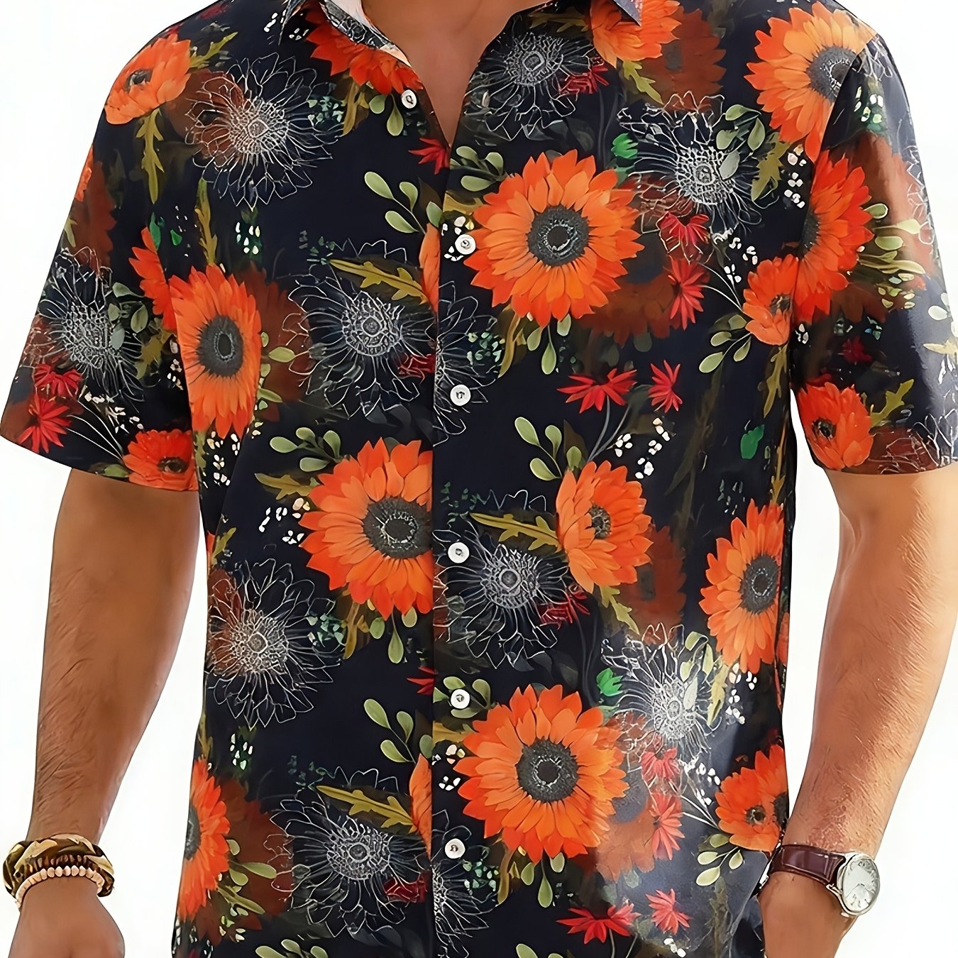 Geno | Heren bladprint overhemd – korte mouwen vakantie shirt