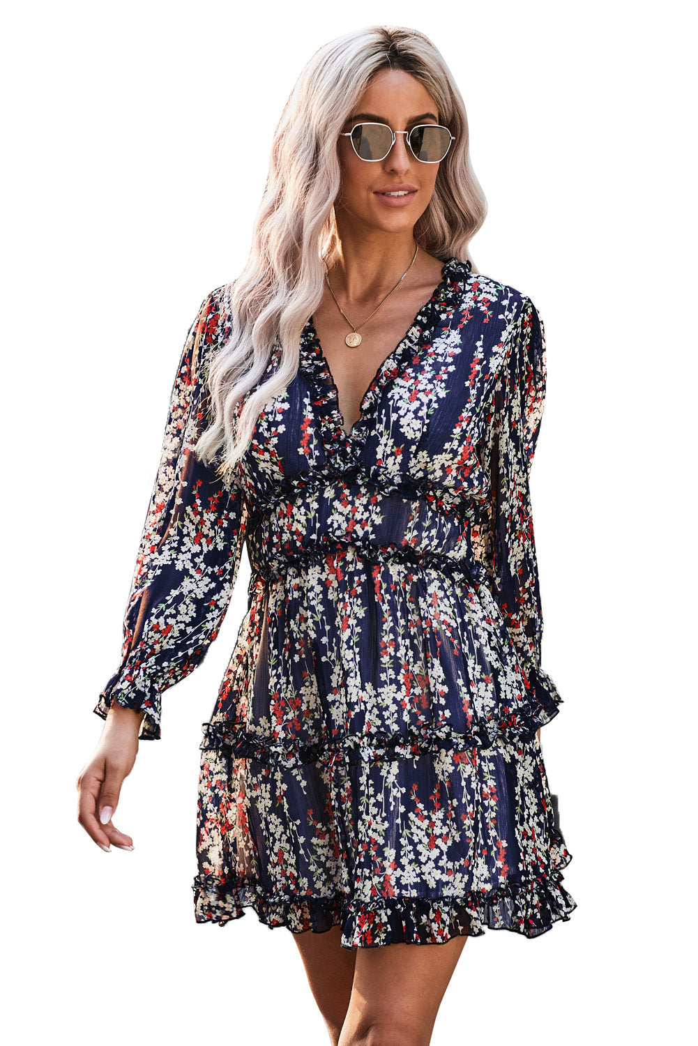 Nevara | Blauwe bloemenjurk voor dames met ruches, open rug, zomerse feest- en casual outfit