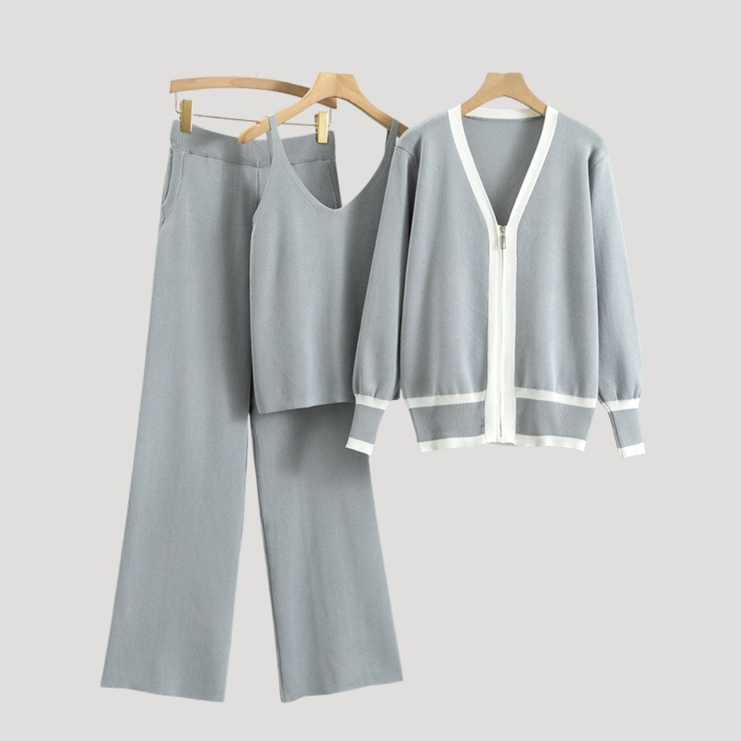 Sylara | Dames Gebreide 3‑Delige Loungewear Set – Mouwloos Topje, Cardigan & Broek