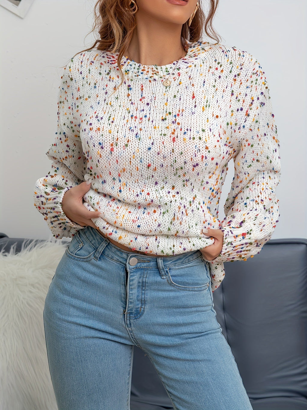 Noryssa | Pull minimaliste en maille à imprimé confettis, col rond - Pull confortable automne-hiver pour femme
