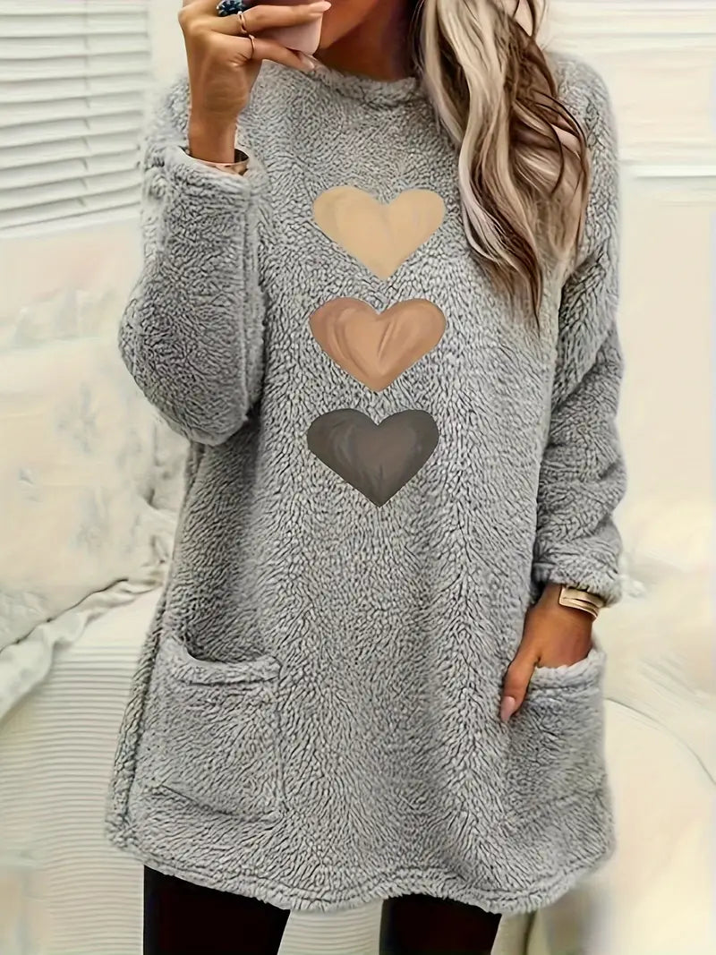 Gevina | Sweat-shirt en polaire coloré à cœurs et poches – Pull d'hiver confortable, haut décontracté et doux