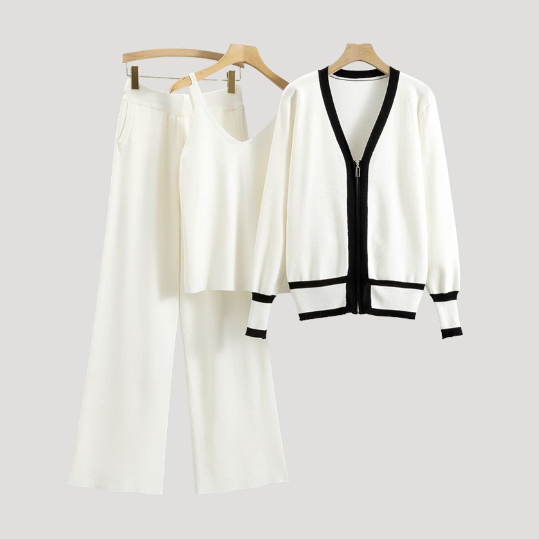 Sylara | Dames Gebreide 3‑Delige Loungewear Set – Mouwloos Topje, Cardigan & Broek