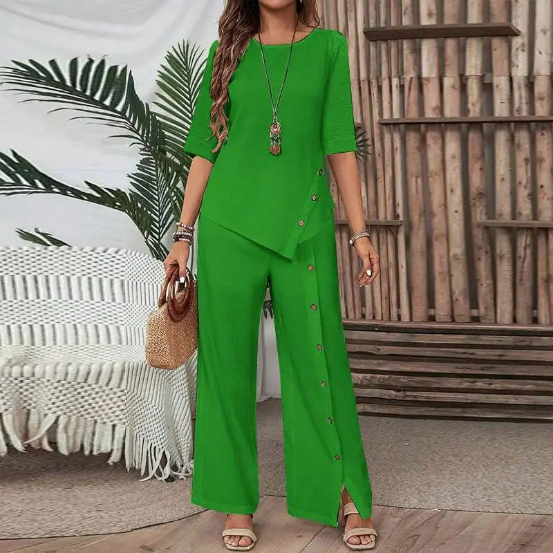 Caliora | Tweedelige set voor dames – Outfit met asymmetrische top en broek met wijde pijpen