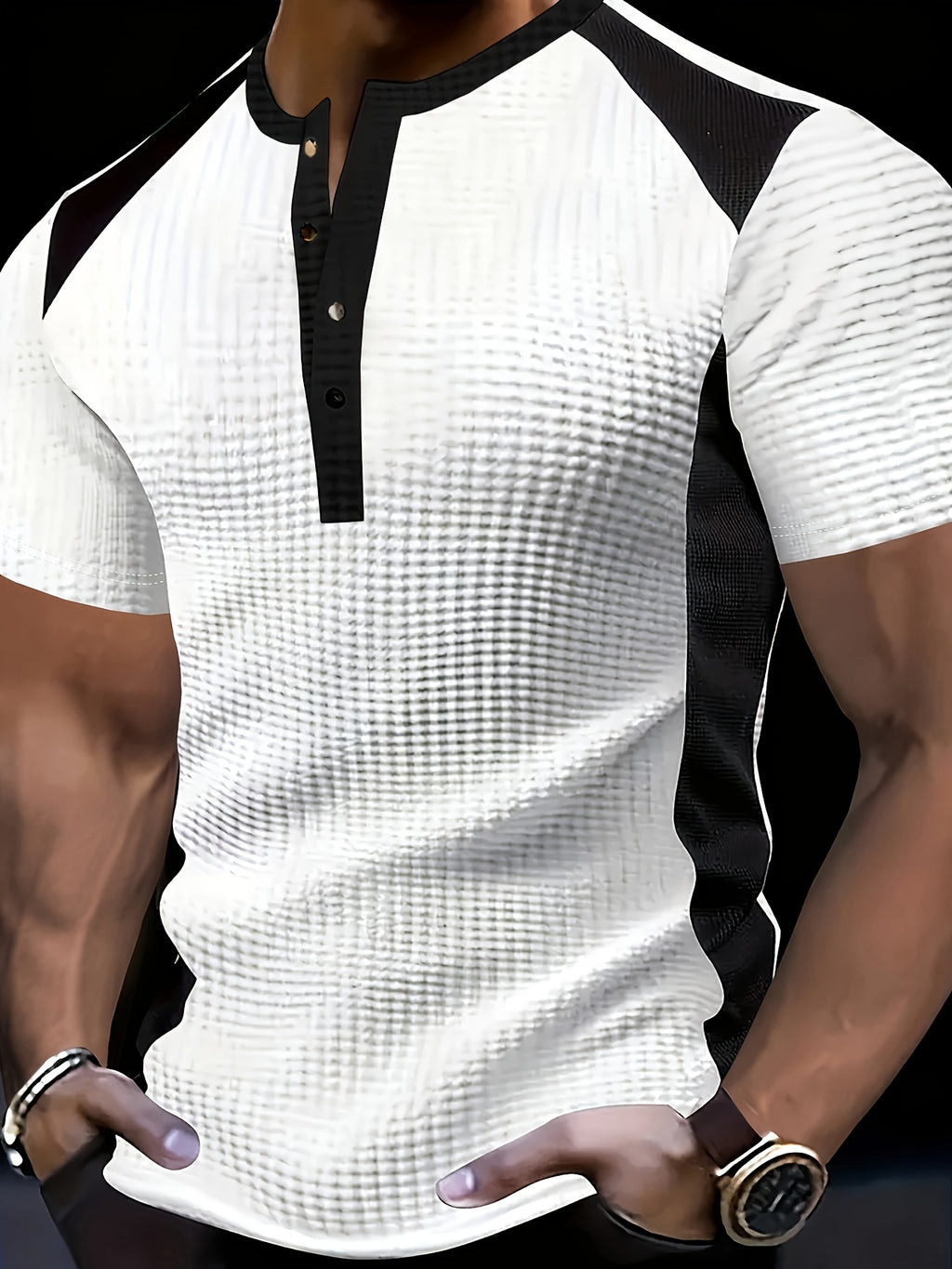 Elrik | Wafelpolo voor heren – Zwart-wit T-shirt met kleurblokken in casual zakelijke stijl