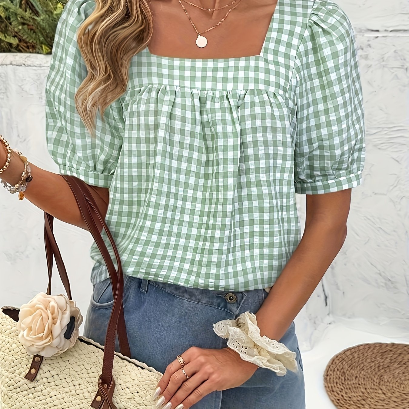 Orlyraen | Damesblouse met geruite print en vierkante hals – Casual blouse met korte mouwen