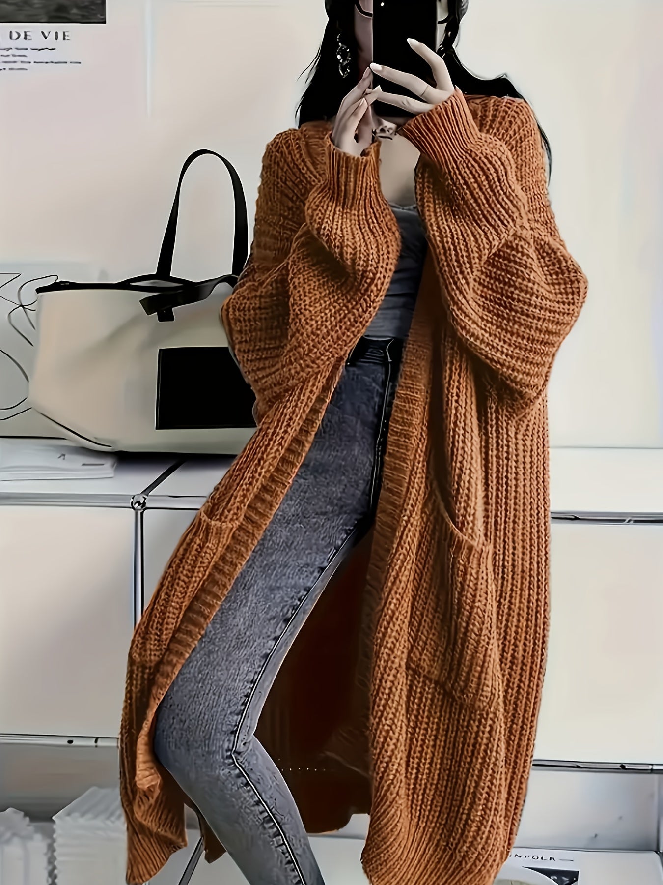 Myvessa | Langer Strickcardigan für Damen – offener, Oversize-Schnitt, lässiger Pullover für Herbst und Winter