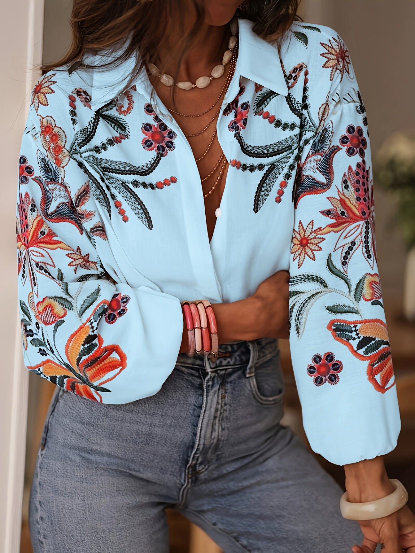 Heliara | Boho geborduurde damesblouse - Knoopoverhemd met lange mouwen en kapselkraag