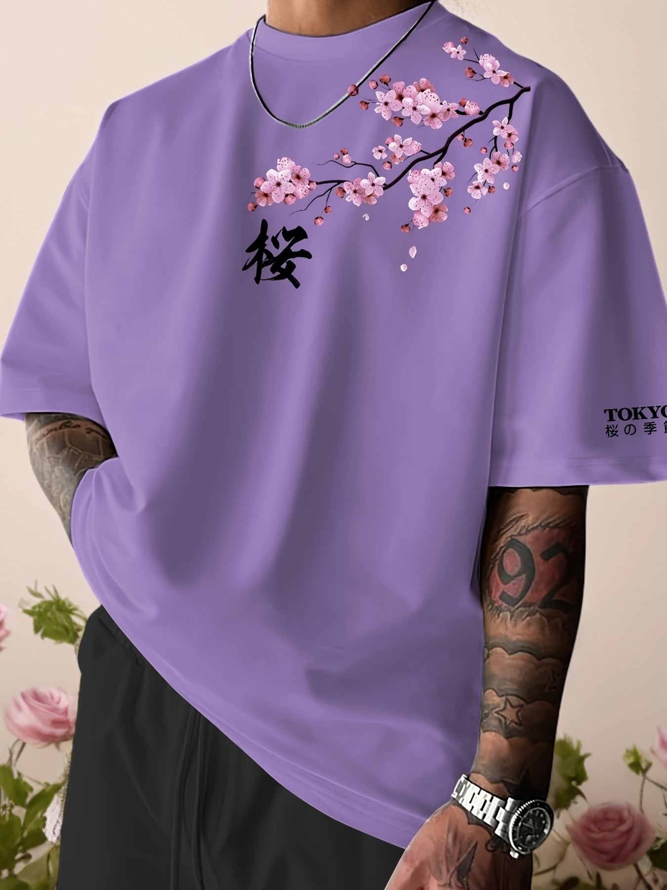 Lucian | Heren T-shirt met Japanse kersenbloesemprint – Streetwear casual T-shirt met korte mouwen