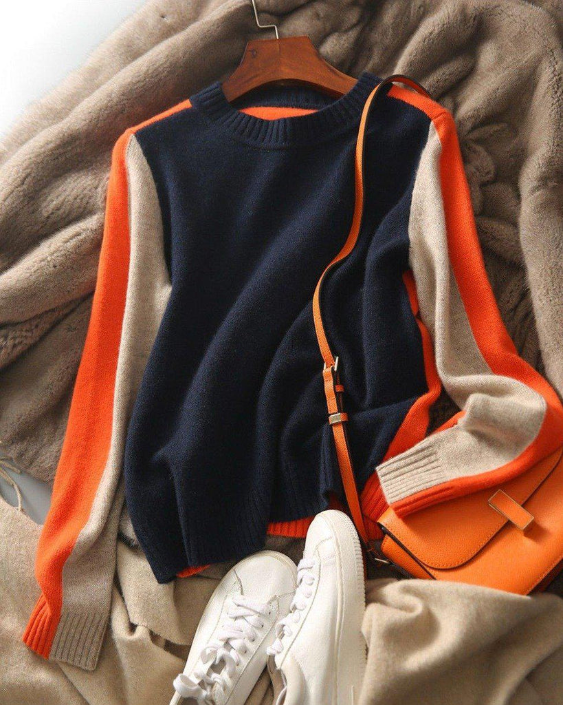 Zelyra | Dames Retro Gestreepte Gebreide Trui – Marineblauw en Oranje, Casual Pullover