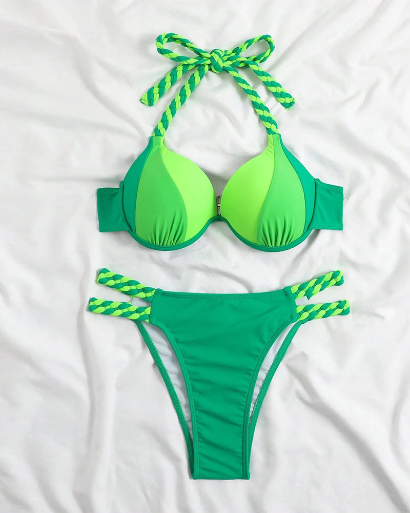 Cazelle | Halterbikini voor dames met kleurblokken – Tweedelig zwempak met hoge taille