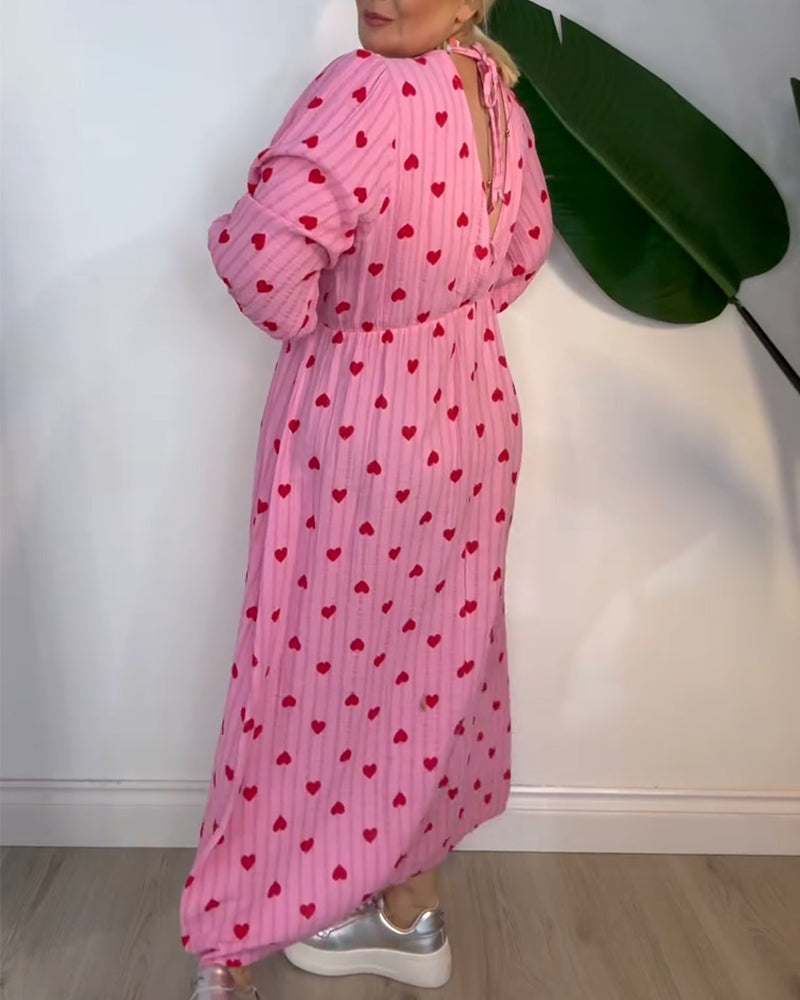 Fexina | Maxi-jurk met hartjesprint voor dames – V-hals, zwierige casual zomeroutfit