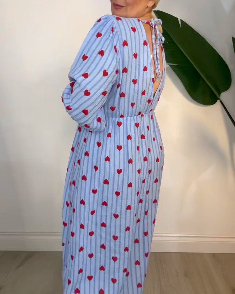 Fexina | Maxi-jurk met hartjesprint voor dames – V-hals, zwierige casual zomeroutfit