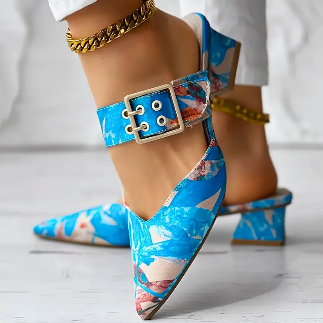 Anke | Bunte Damen-Sandalen zum Hineinschlüpfen mit spitzer Zehenpartie und Blockabsatz