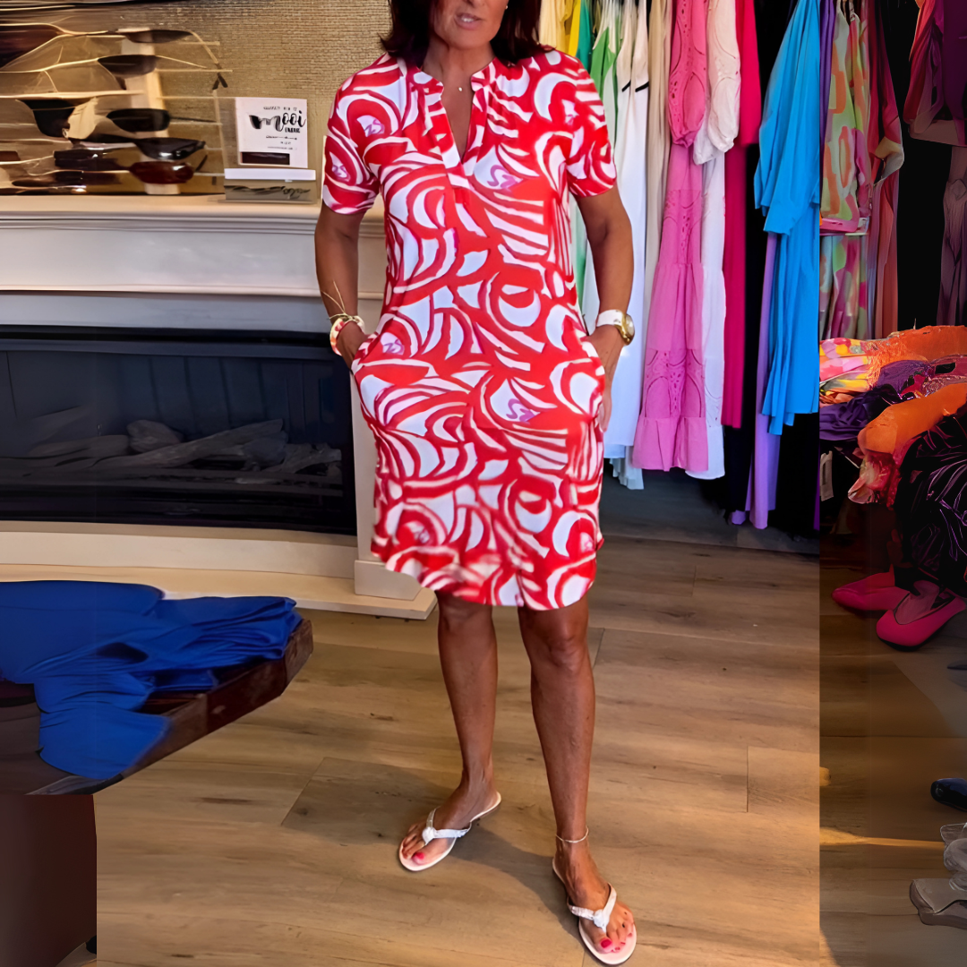 Ainsley | Geprinte jurk met korte mouwen voor dames – casual zomerse jurk met zakken