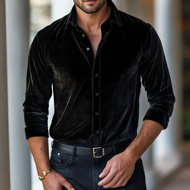 Surge | Men’s Velvet Button-Up Blouse Shirt, Soft Luxe Velvet Top, Long Sleeve Evening & Smart Casual