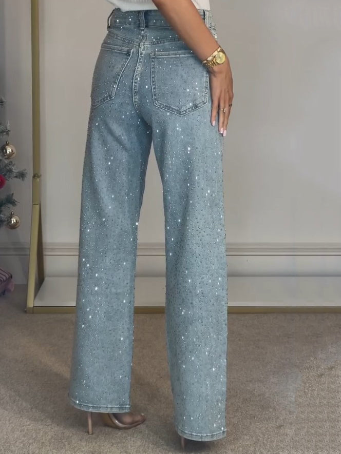Pryella | Dames Jeans met Wijde Pijpen en Subtiele Pailletten-Glans – Glamoureuze Denim Broek