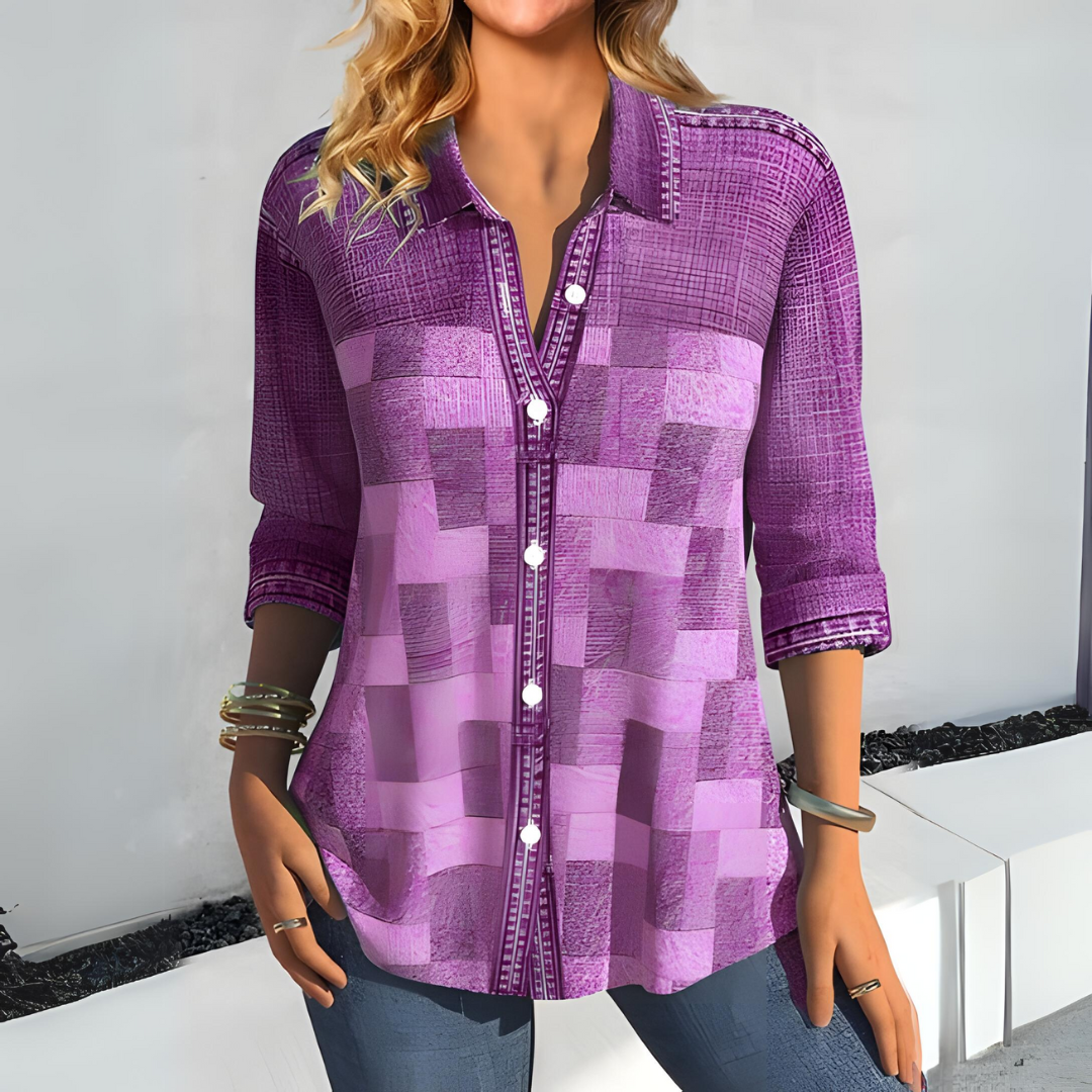 Haedra | Geruit overhemd met knoopsluiting - geruite top met 3/4 mouwen voor dames, casual blouse met geruite print