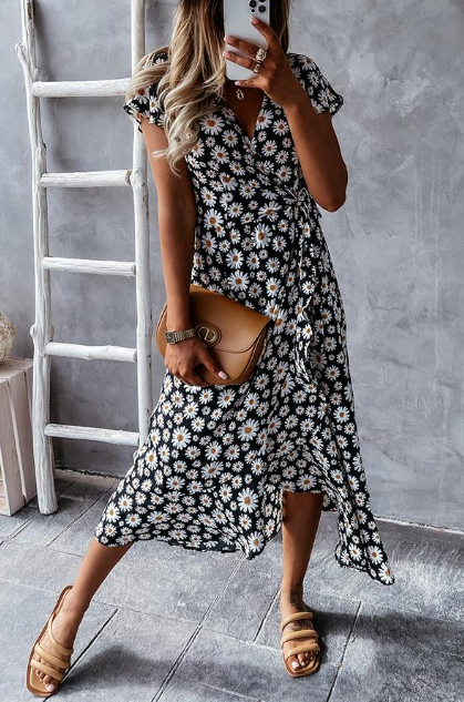 Vaisha | Midi-jurk met bloemenprint voor dames – Zomerse jurk met levendige madeliefjesprint