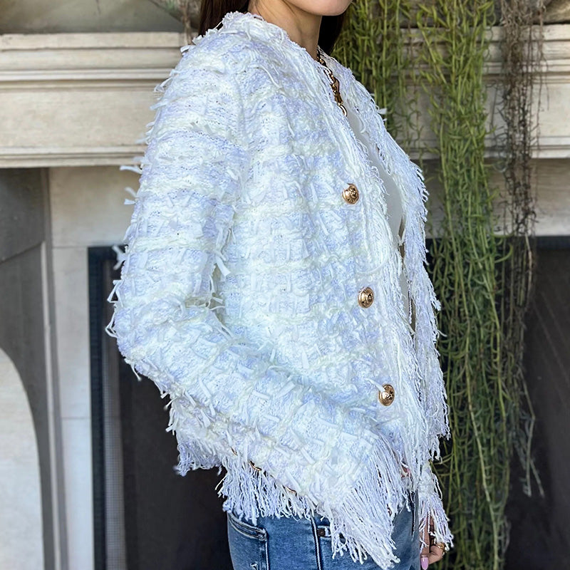 Aislynn | Manteau court à franges – Veste boutonnée chic, vêtement d'extérieur élégant