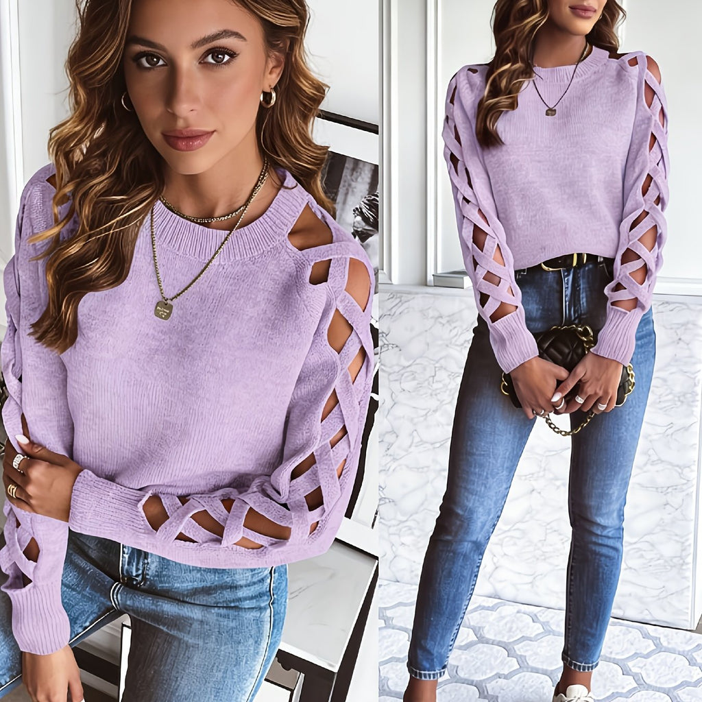 Ardelle | Dames Effen Pullover met Opengewerkte Mouwen – Lichtgewicht Gebreide Top