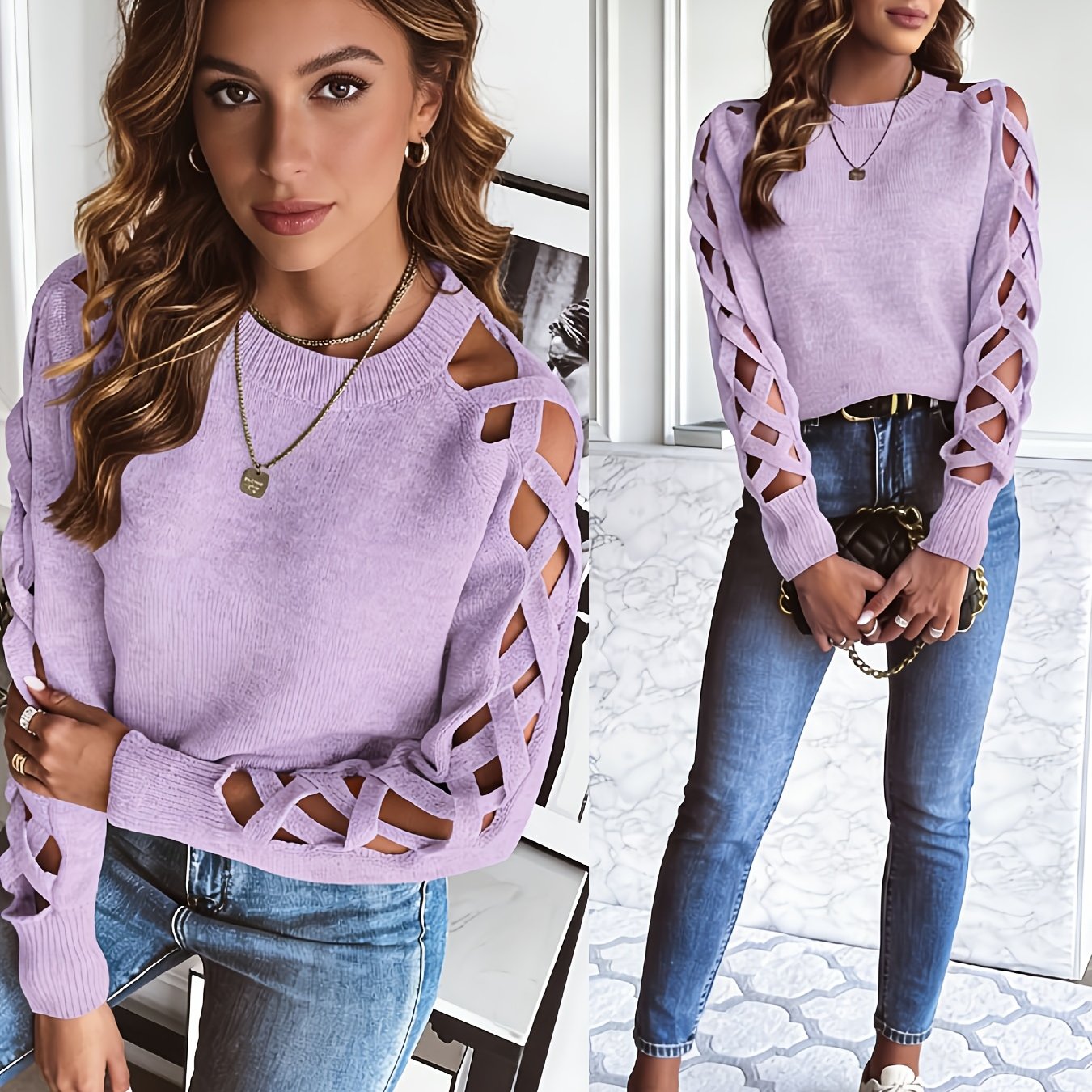 Ardelle | Dames Effen Pullover met Opengewerkte Mouwen – Lichtgewicht Gebreide Top