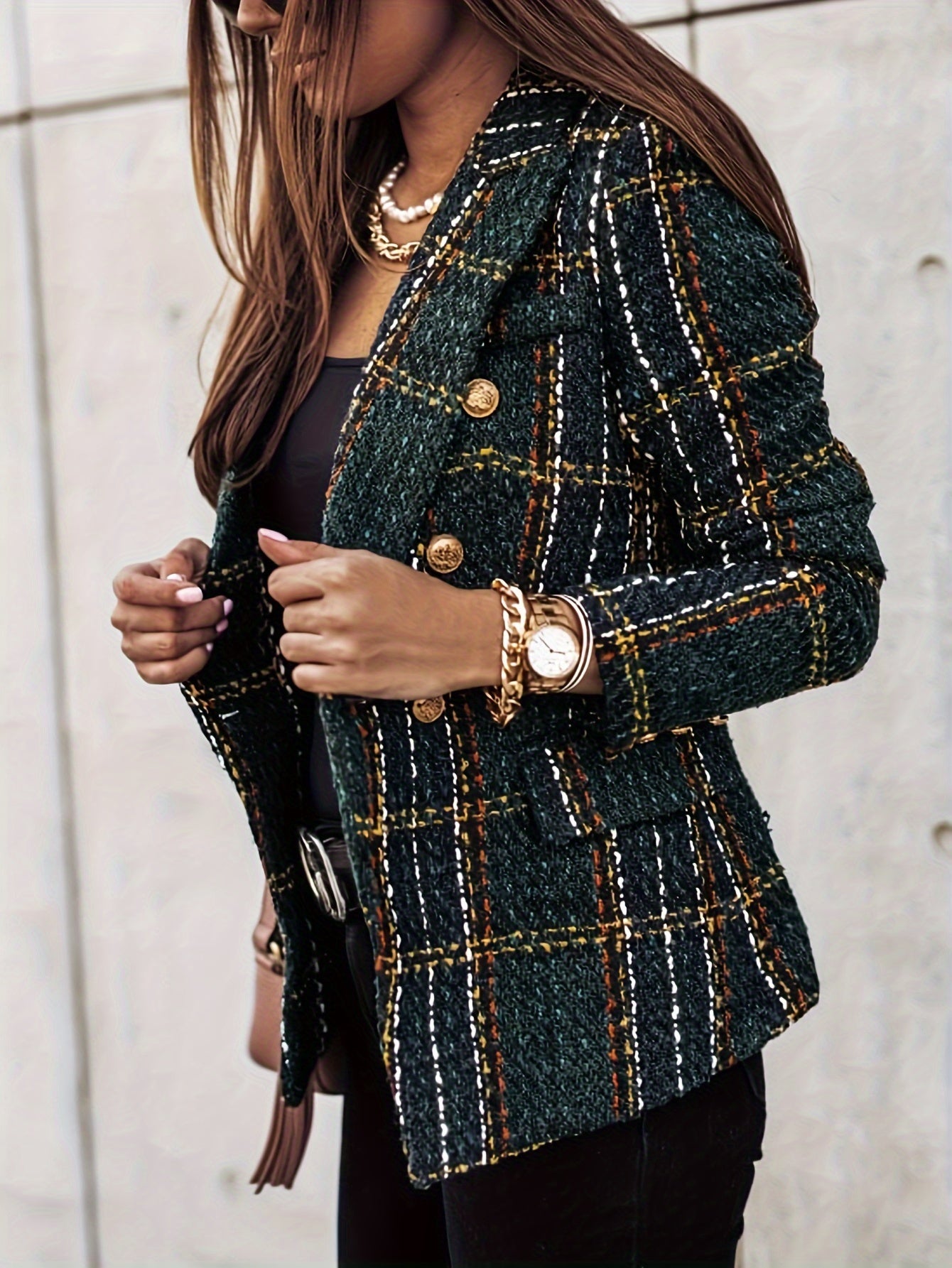 Geneviève | Blazer croisé - Élégant manteau en tweed à carreaux et manches longues, idéal pour le bureau et le travail, Vêtements pour femmes