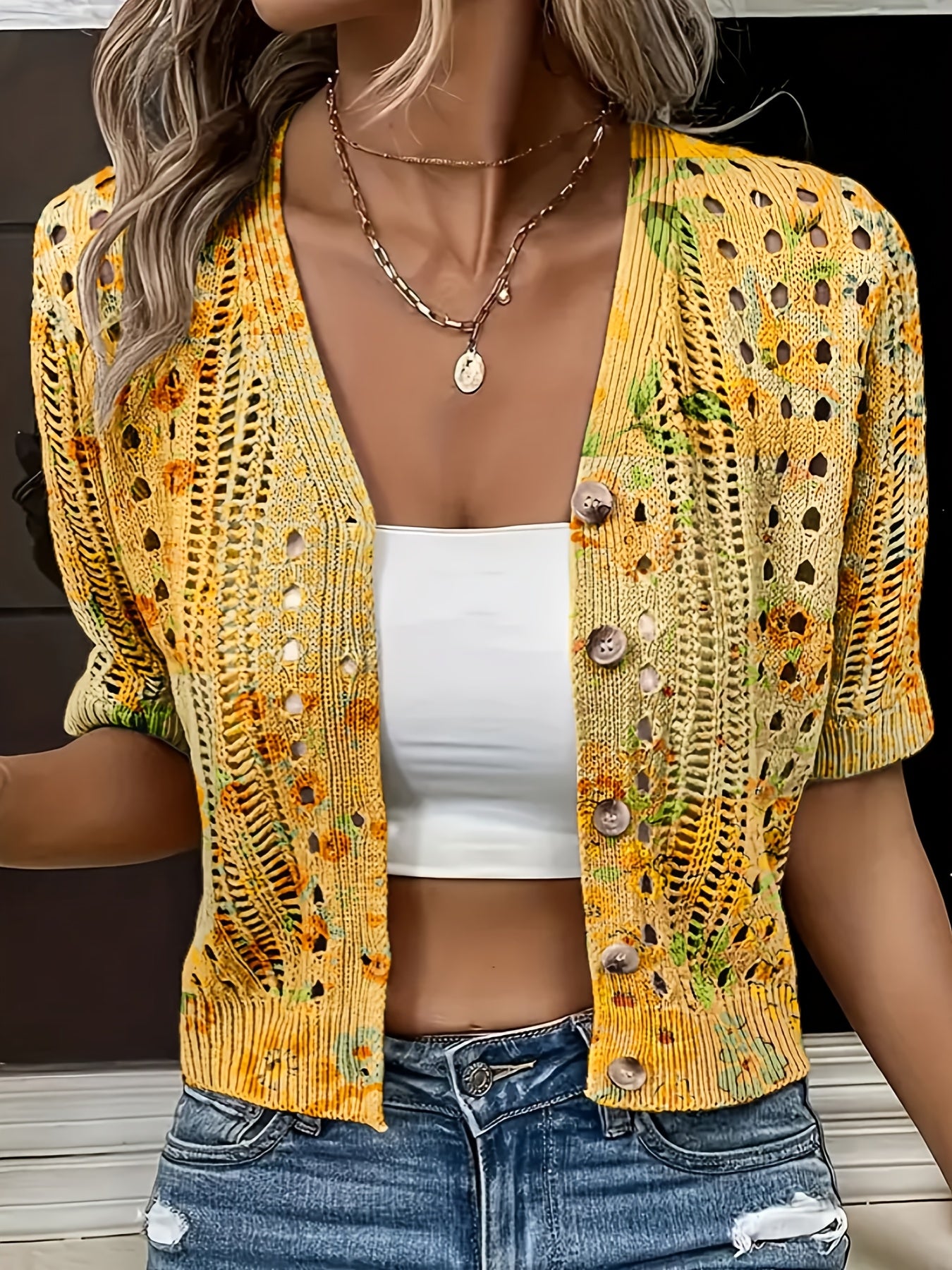 Eenira | Dames Bohemian Haakwerk Vest – Korte V-Hals, Kleurrijk Gebreid Bovenkledingstuk