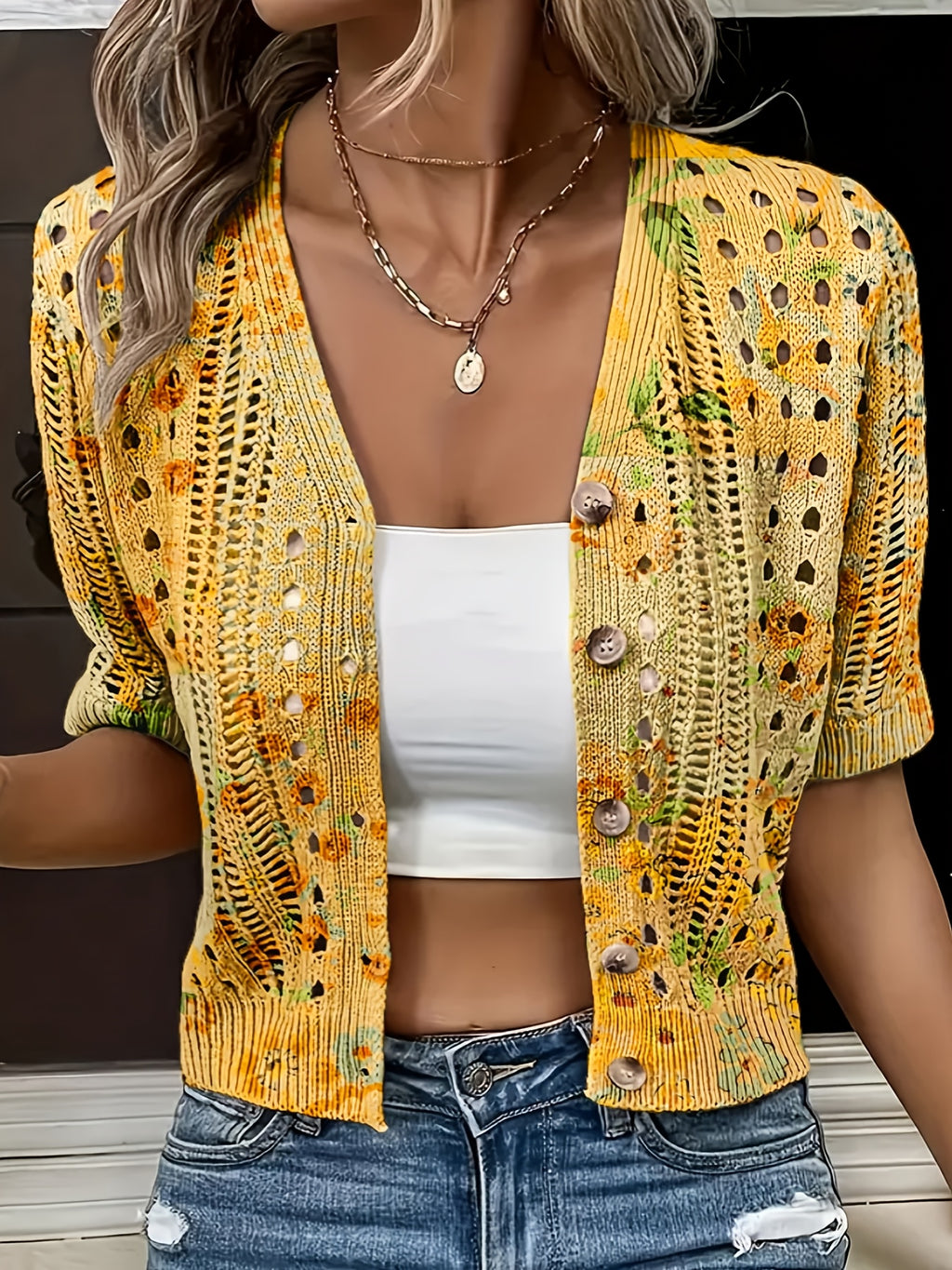 Cyravelle | Bohemian gehaakte korte cardigan – zomerse kortmouwen vest als lichte outerwear