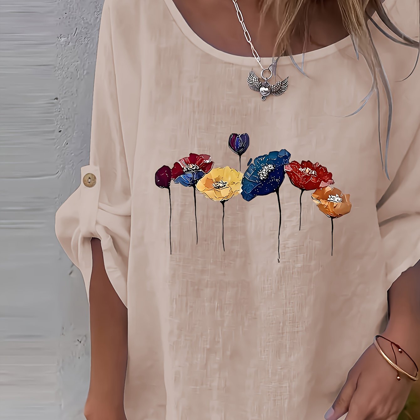 Lunelle | Elegant dames-T-shirt met bloemenprint en ronde hals – Casual, losse pasvorm, knoopjes, lente