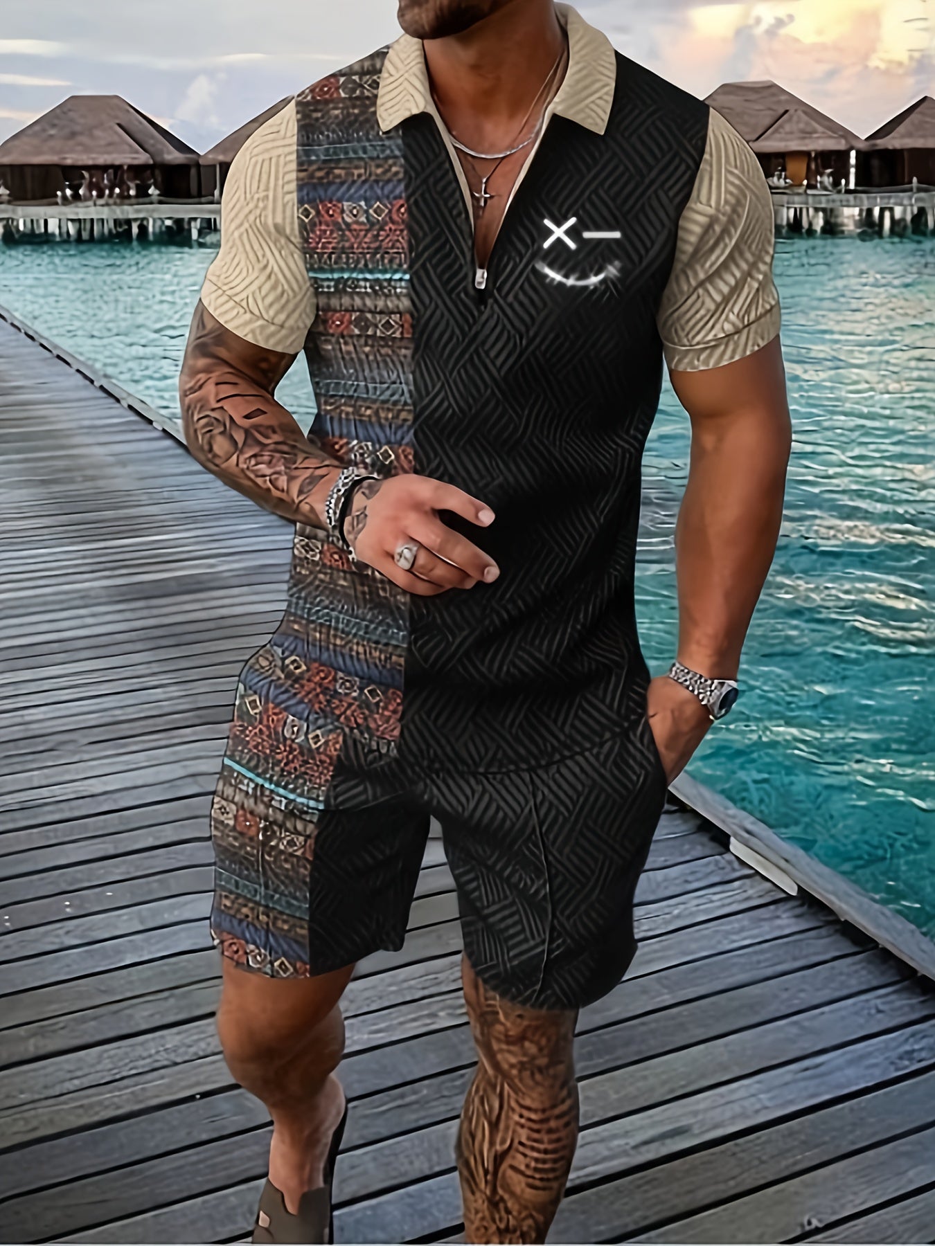 Xylaric | Casual tweedelige set voor heren – T-shirt met reverskraag en korte broek met trekkoord