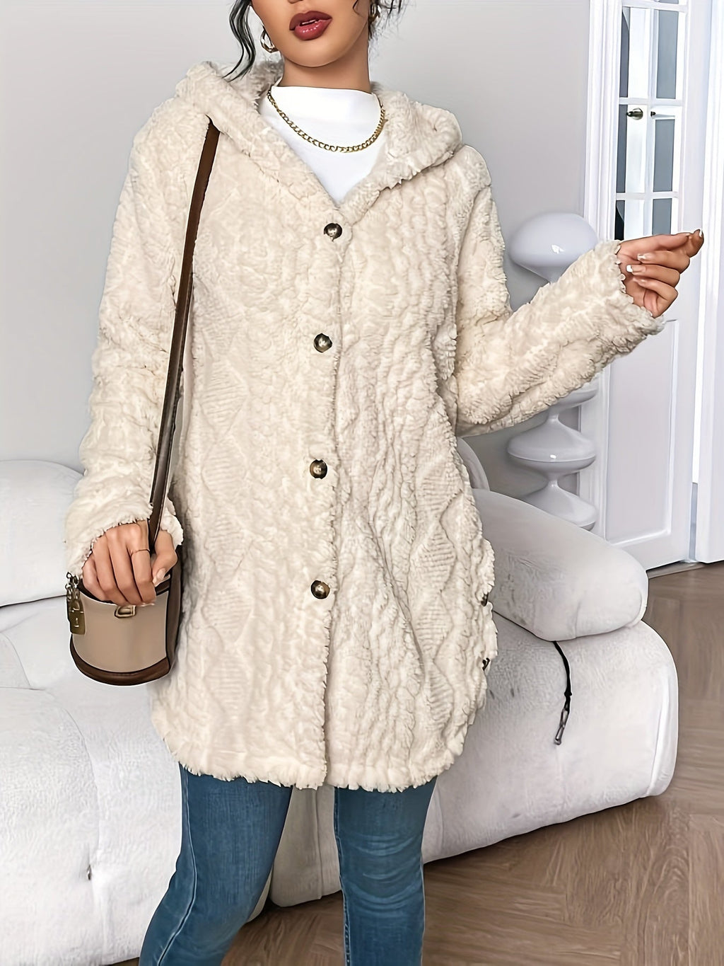 Palithra | Gilet long à capuche duveteux pour femme – Coupe ample, fourrure douce pour l'automne et l'hiver