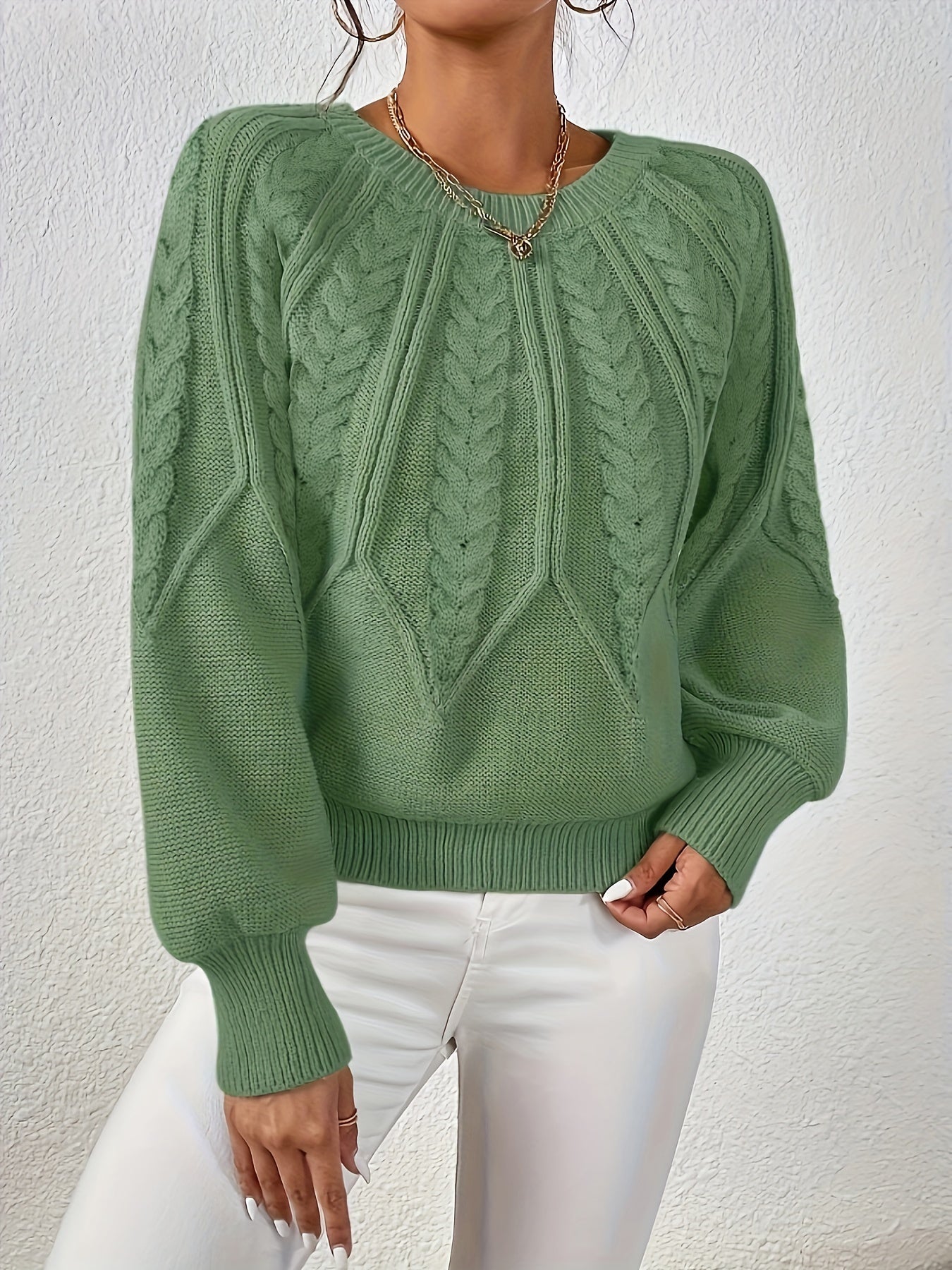Kalyth | Damen-Zopfstrickpullover mit Laternenärmeln – Elegantes Strickoberteil für Herbst und Winter