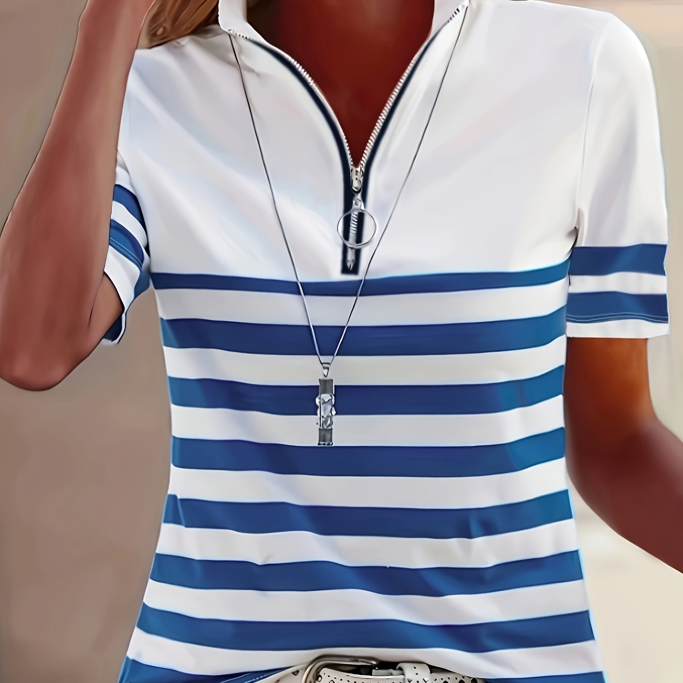 Elanith | Dames Halve Zip Shirt – Korte Mouw, Gestreept, Casual & Sportief Top