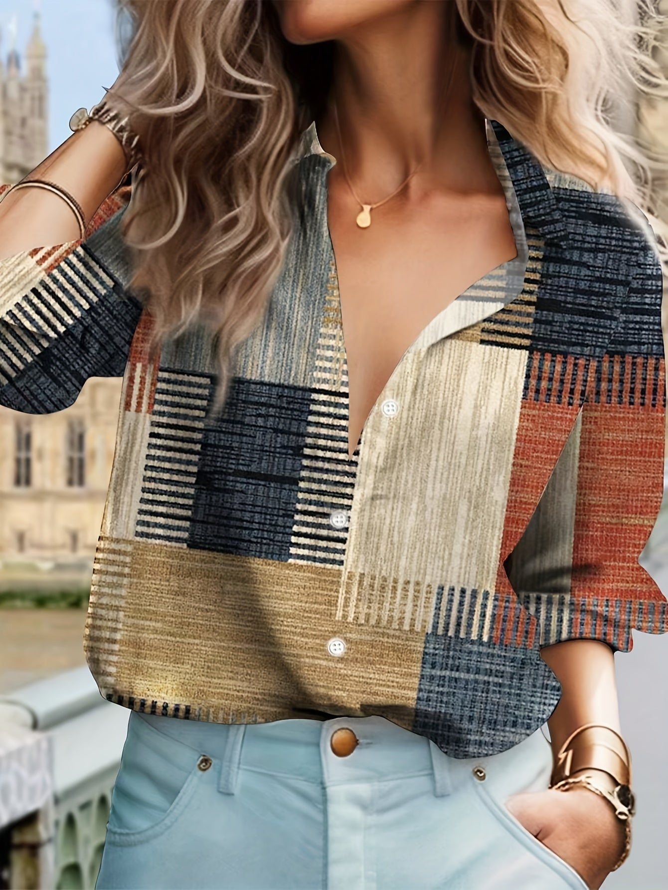 Wendira | Dames Patchwork Blouse met Lange Mouwen en Knoopsluiting – Stijlvol Design in Gemengde Kleuren