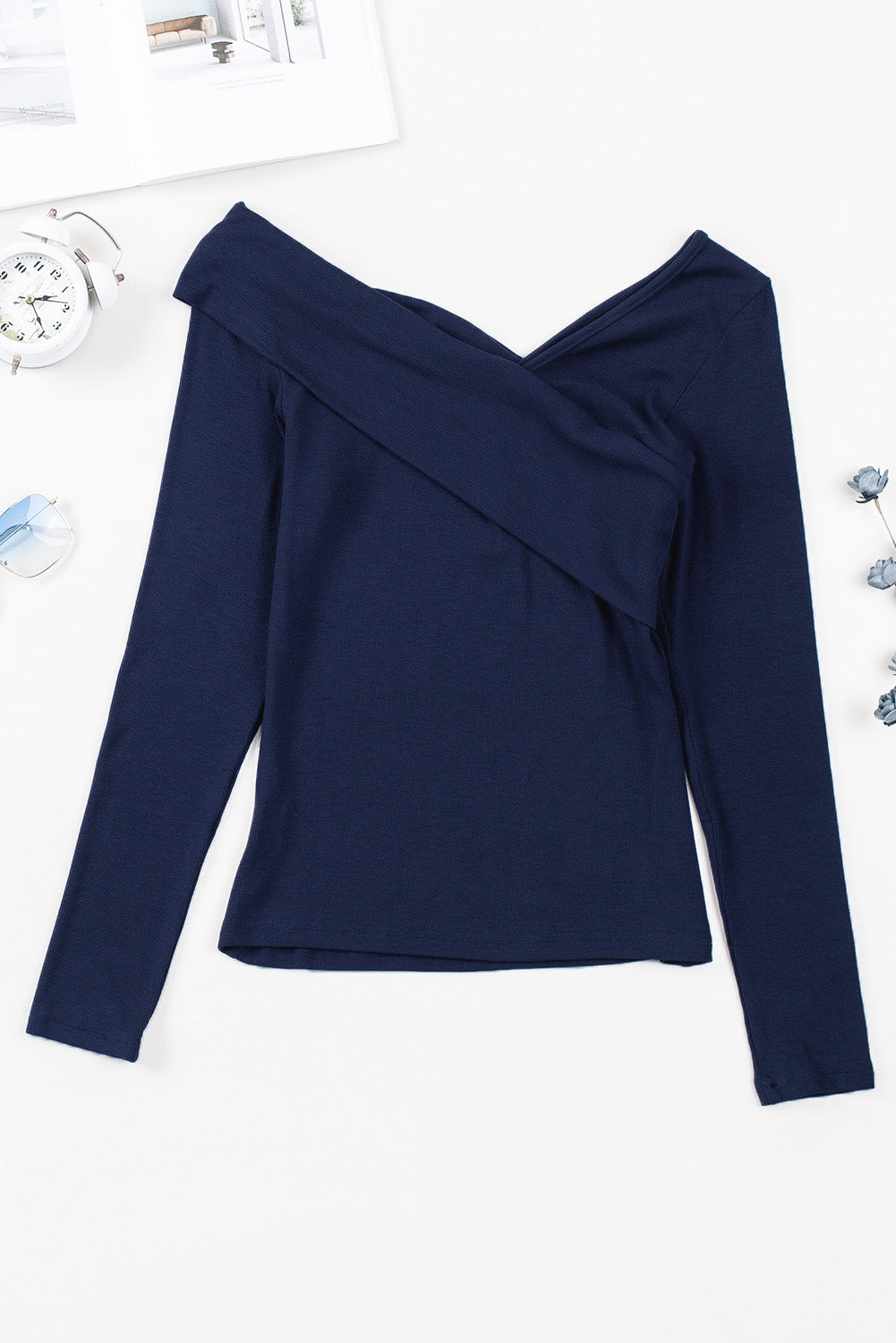 Daria | Geribde overslag Off-shoulder V-hals Lange Mouw Top